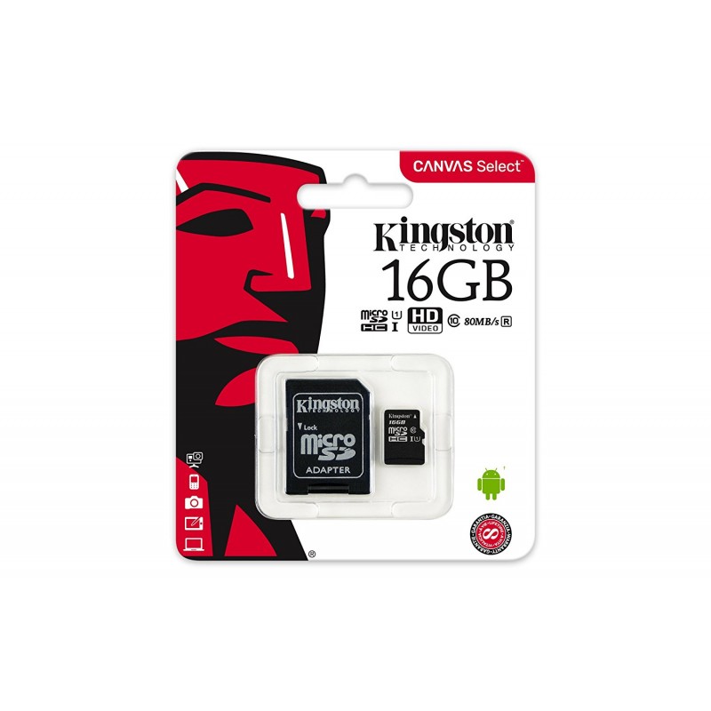 KINGSTON 16GB Canvas Select microSDHC UHS-I CL10 memóriakártya + adapter