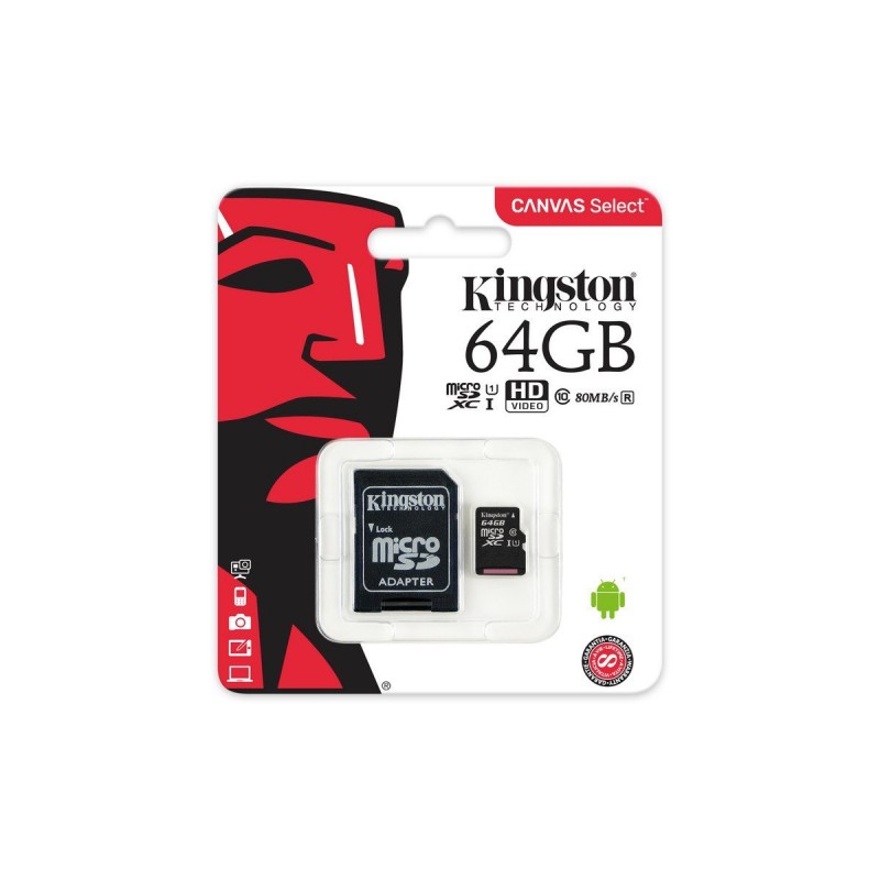 KINGSTON 64GB Canvas Select microSDHC UHS-I CL10 memóriakártya + adapter